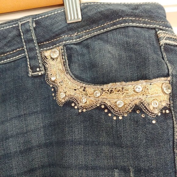Grace In LA Midrise Straight Leg Lace Blingy Crystals Pocket Flaps 31 - Picture 7 of 16